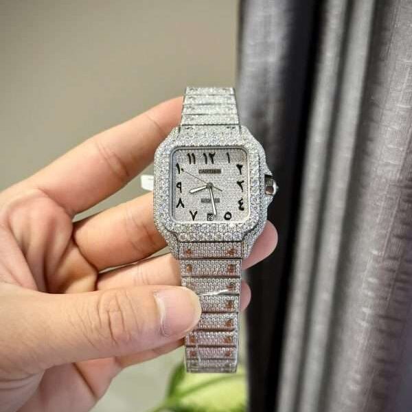 Cartier Santos Arabic Numeral Best Replica Watch Moissanite Diamonds Hong Kong 39.8mm
